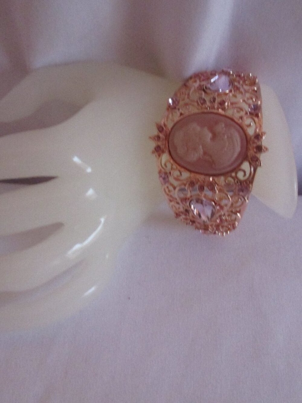 Bangle Bracelet Multi Gemstone Goldtone Size 6.50 in White Glass Rosetone